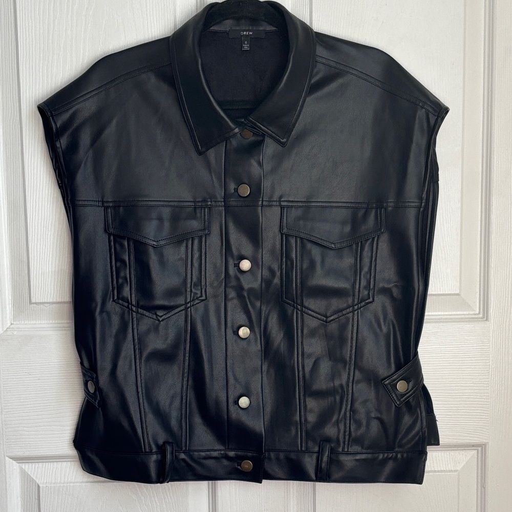 DREW Black Faux Leather Jacket Size Small Open sides vest poncho moto style